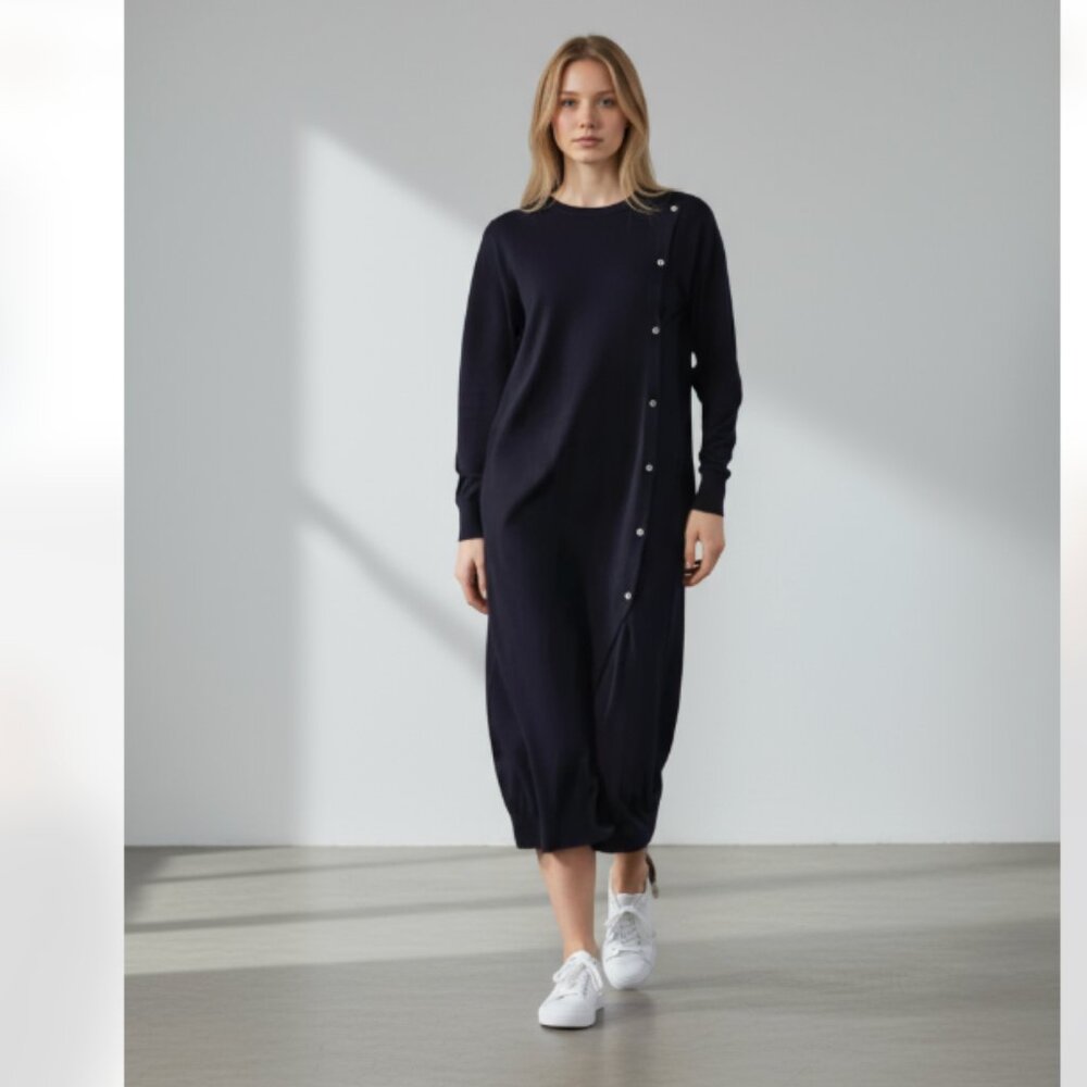 NWT Zara Fine Wool Blend Lightweight Midi Dress Navy Long Sleeve Lagenlook M